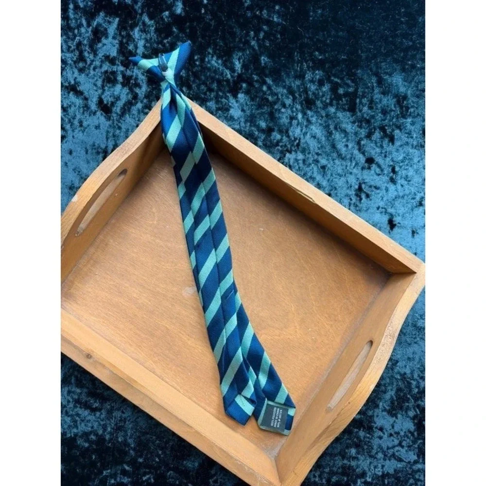 Boys Clip-On Tie Navy Green Repp Stripe 17